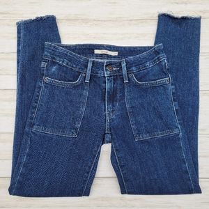 Levi's 711 Skinny Blue Denim Crop Jean Raw Hem Patch Pockets Women's 24 Mid Rise